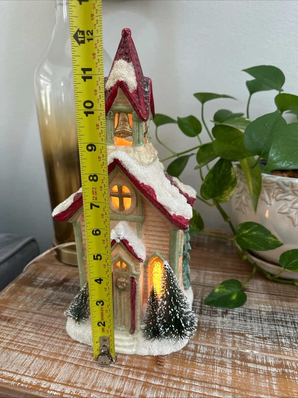 Vintage Ceramic Lighted Christmas Church Building Red Roof with Snow Trees